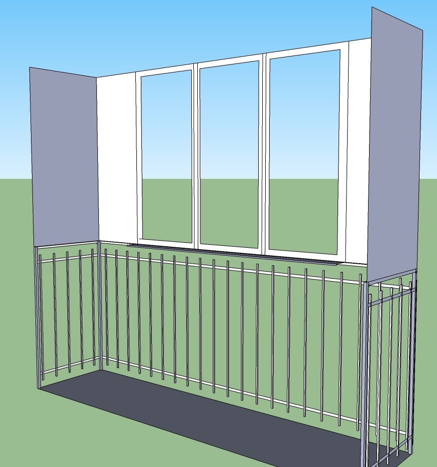 Схема балкона с остеклением, нарисованная в SketchUp